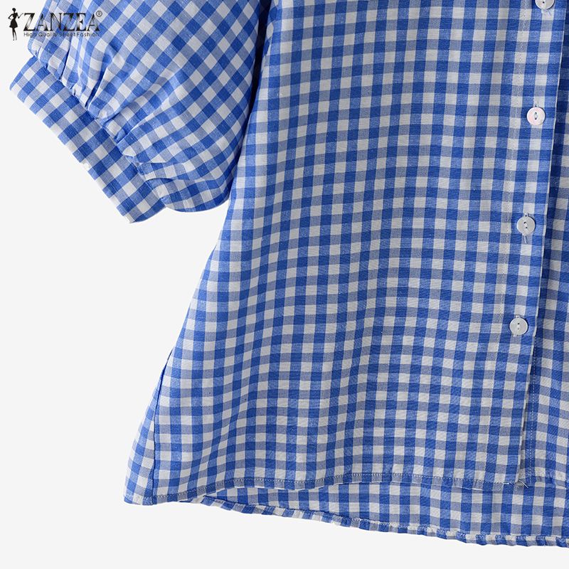 ZANZEA Women Casual Turn Down Collar Grid Print Loose Half Sleeve Blouse