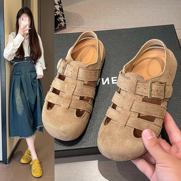 Spring and Autumn Korean Version of Fish Bone Casual Hollow Breathable Bag Head Boken Shoes Retro Lazy Pedal Roman Cool Slippers Women