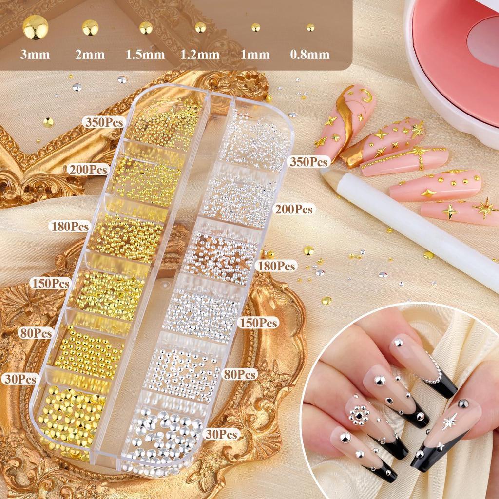 Japanese Style Starry Sky Metal Nail Art Rivets In Gold & Silver - DIY Non-Fading Nail Accessories with Rhinestone Inlays