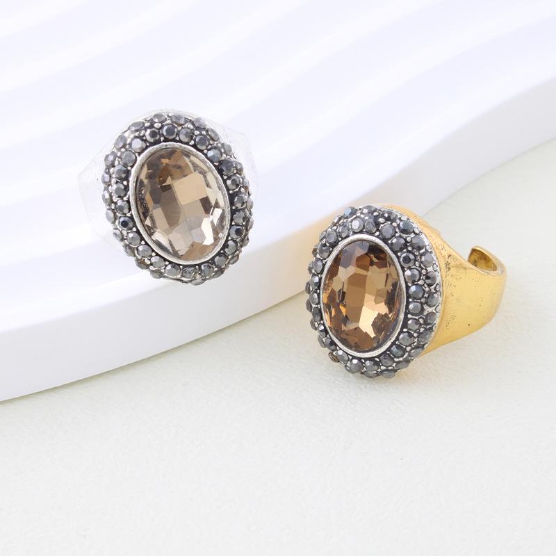 Oval Crystal Diamond-set Open Ring Retro Full Diamond Personality Exaggerated Size Adjustable Ring