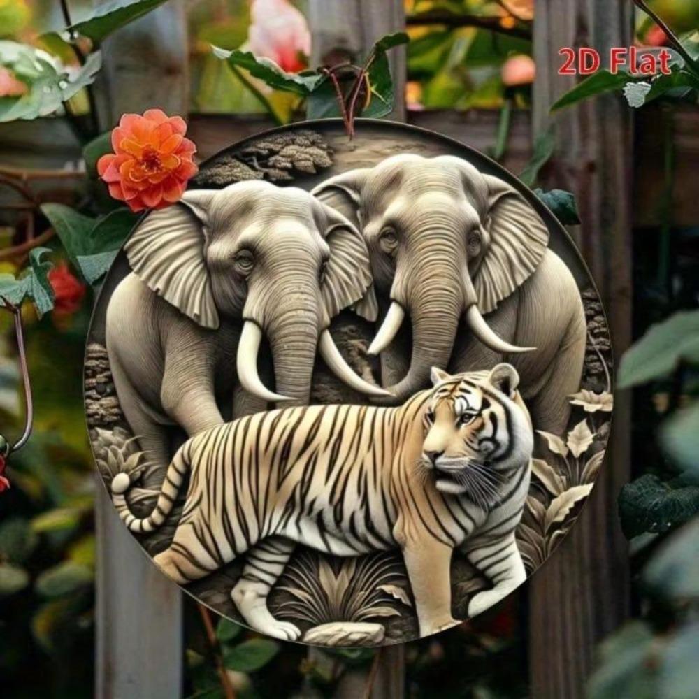Vintage Metal Wall Art Round Iron Sign Elephant Tiger 8x8 Inch UV Coating Indoor Outdoor Decor Easy Hang