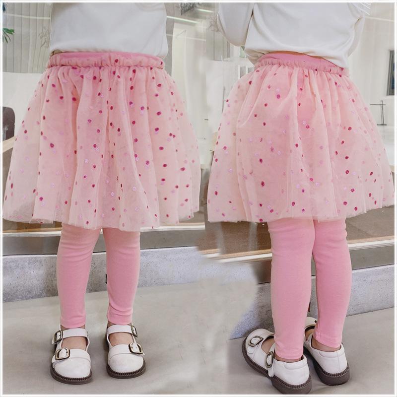 Children's Spring and Autumn Bottoms Girls Princess Dress Trousers False Two Pieces Fluffy Mesh Skirt Trousers 2-6year