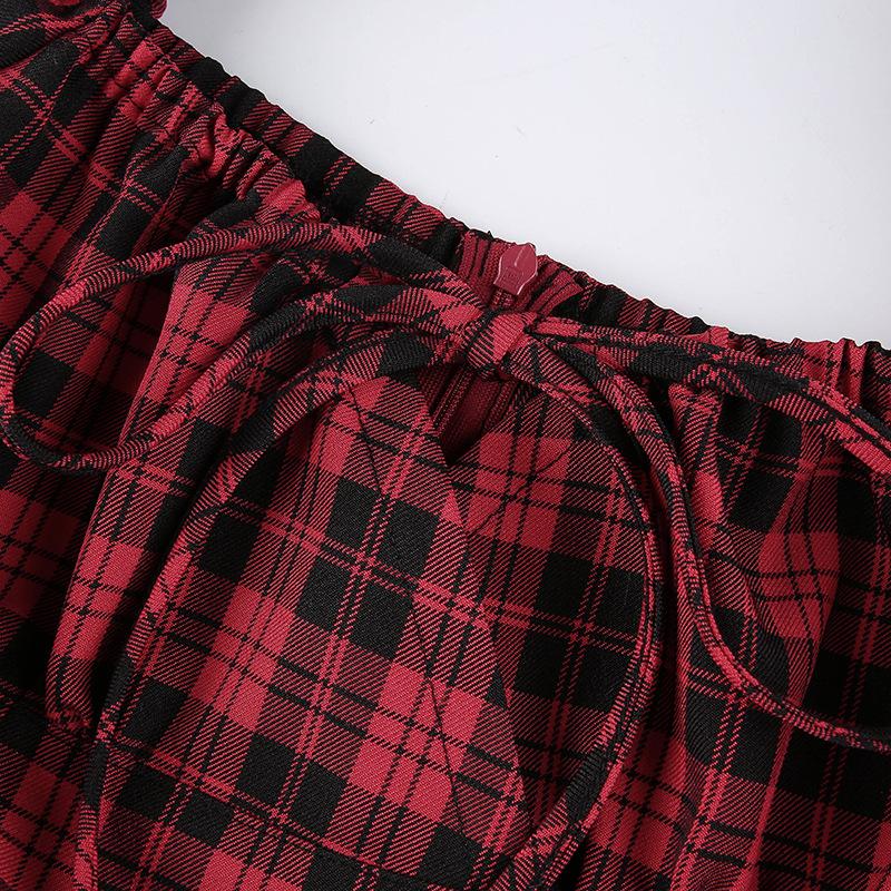 Women Aline Y2k Gothic Plaid Mini Dresses Grunge Punk Bandage Skinny Emo Party Dress Short Sleeve Summer Streetwear