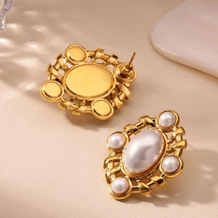 Vintage Geometric Pearl Earrings For Women Gold Color Stainless Steel Earring Hypoallergenic Retro Boho Wedding Jewelry Gift