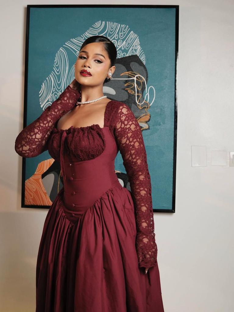 Women's Spring New Style Temperament Square Collar Lace Long Sleeve Ruched Waist Solid Color Midi Dress