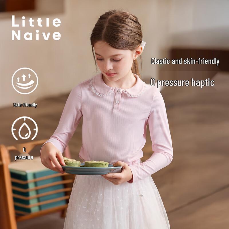 Little Naive Girls' French Style Lace Collar Long Sleeve T-Shirt