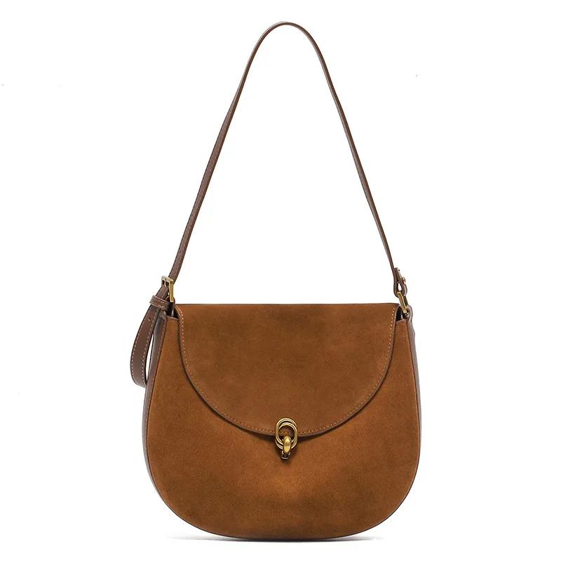 

Luxury Handbag Matte Leather Saddle Bag - Women s Genuine Nubuck Underarm Crossbody Purse, Versatile Shoulder Bag for Ladies коричневый