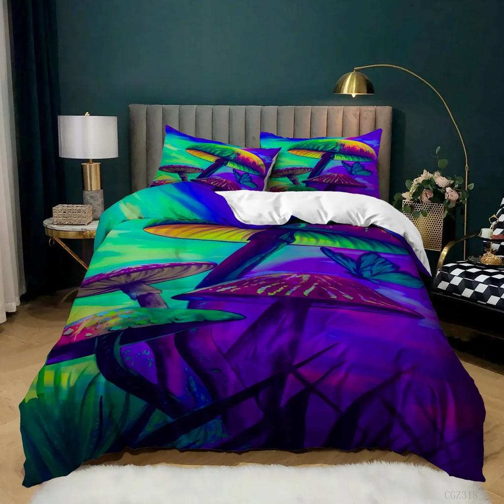 Mushroom Duvet Cover King Queen Size Magic Forest Colorful Cute Psychedelic Mushrooms Polyester Bedding Set for Kids Multicolor