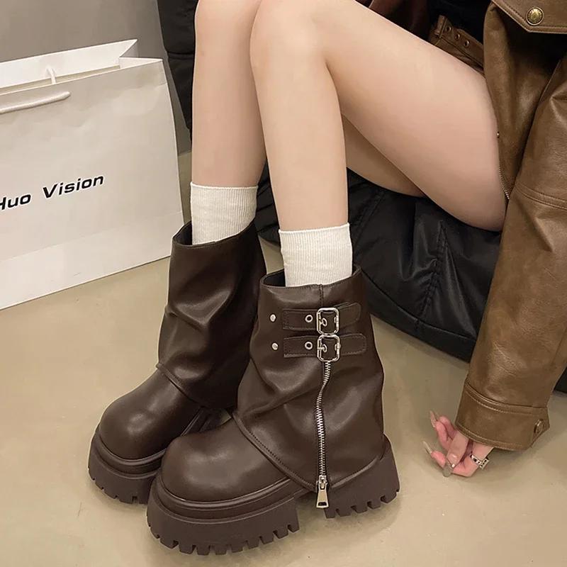 

Shoes Female 2024 Hot Sale Mid-Calf Women s Boots Concise Modern Boots Women Belt Buckle Round Toe Med Heel Side Zip Shoes Women 35 чёрный