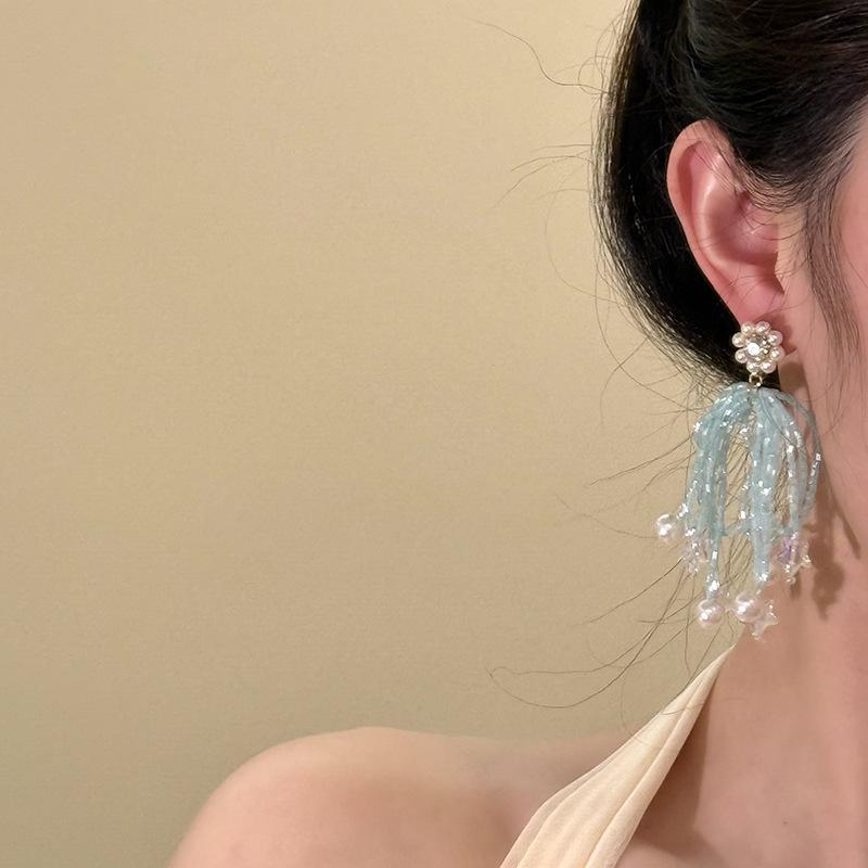 Diamond-set pearl bow star earrings light luxury high-end personalized earrings fresh temperament fringed earrings