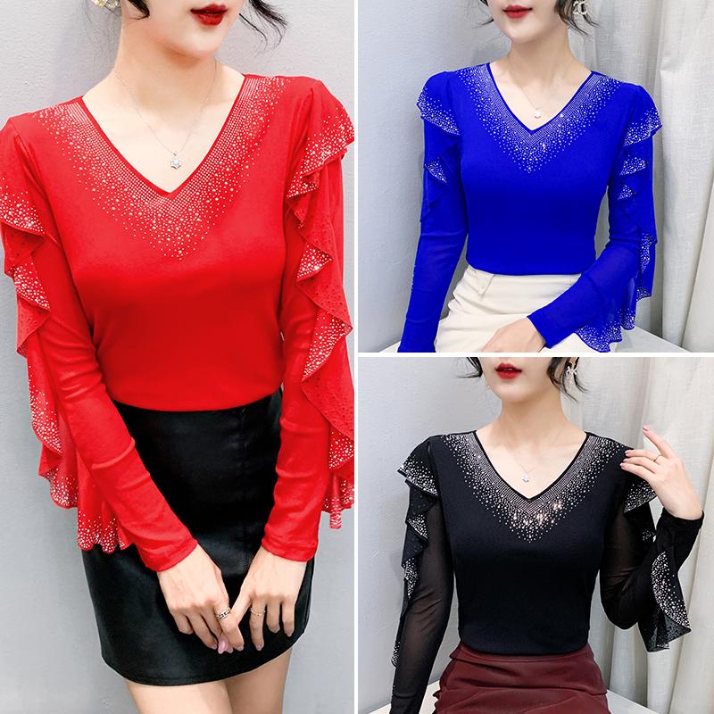 Spring Autumn Sheer Mesh T-shirts for Women: Crystal-Embellished V-Neck Top with Elegant Ruffles Long Sleeves