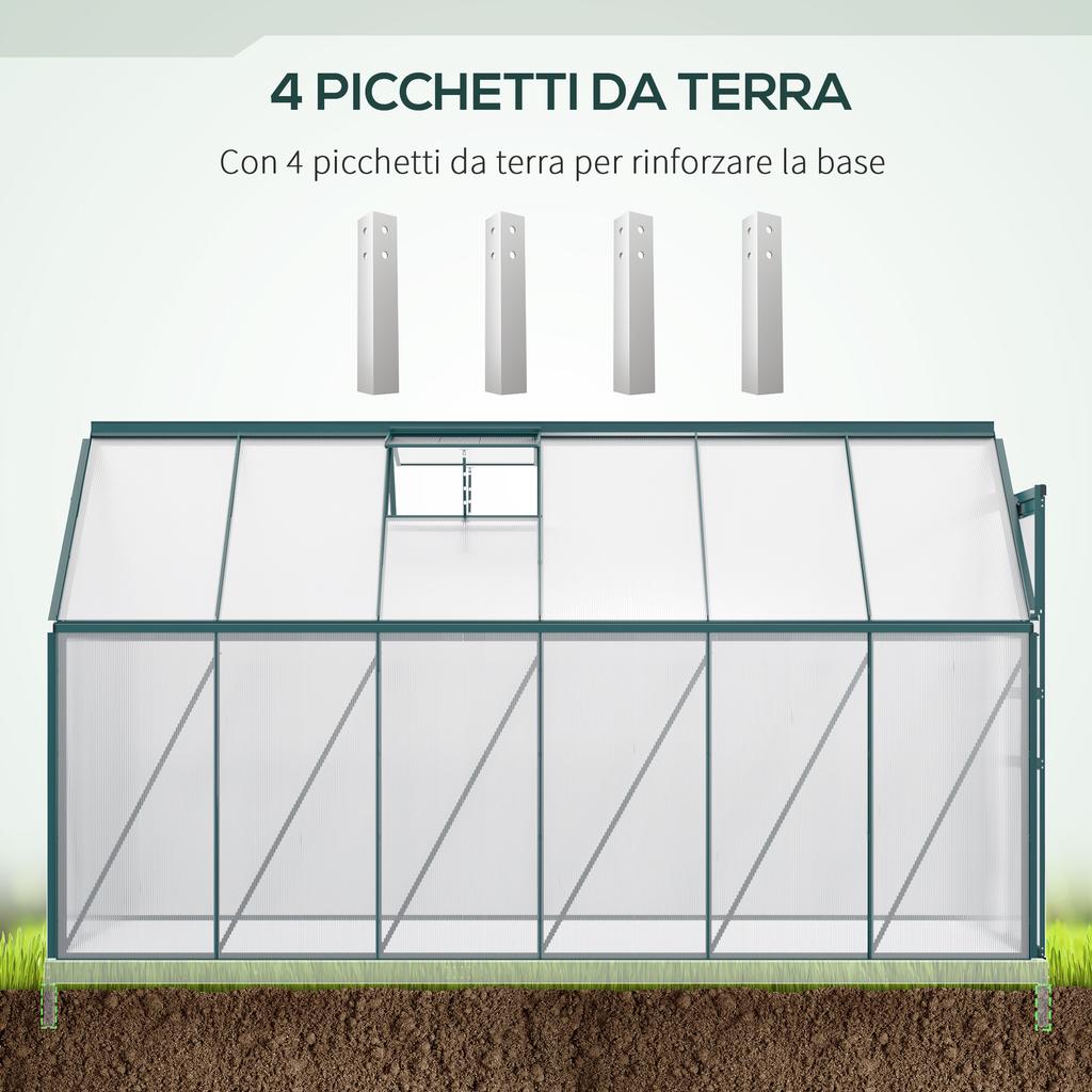Garden Greenhouse In Polycarbonate 190x375x199cm, with Openable Window and Sliding Door, Aluminium Structure, Green