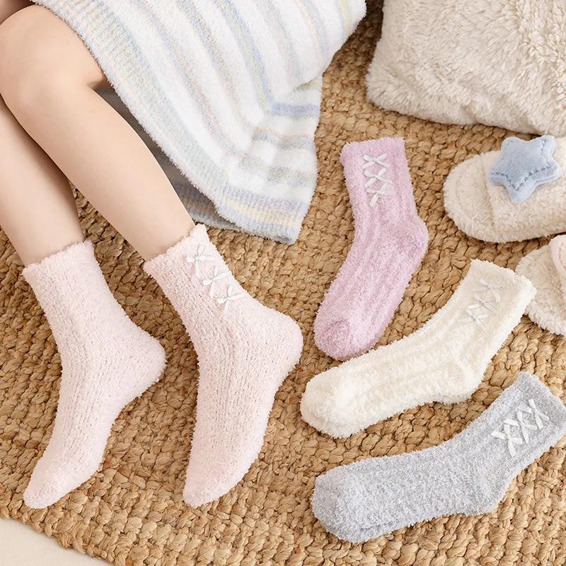 Hiver Automne Chaudes Pelucheuses Floues Chaussettes Nœud Épais Thermiques Douces Kawaii Mi-bas Corail Femme Polaire Sol Sommeil Chaussettes