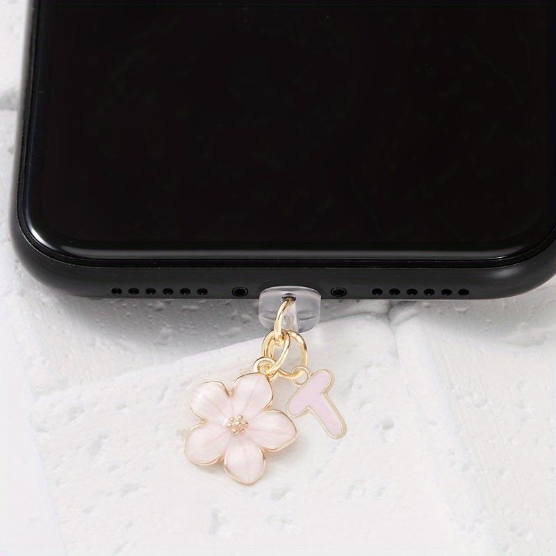 Fashionable Pink Flower Letter Phone Dust Plug, Exquisite A-Z Letter Alloy Pendant, Suitable As a Birthday Gift for Women