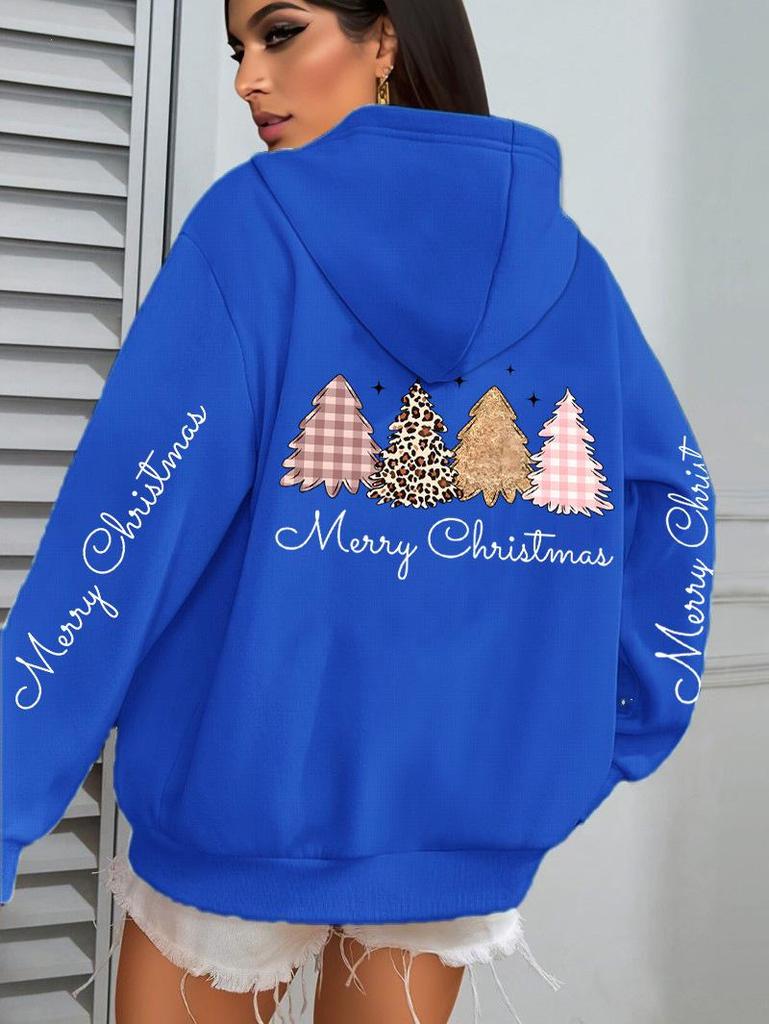 Merry Christmas Leopard Print Women's Hoodie Sweatshirt with Tree Pattern