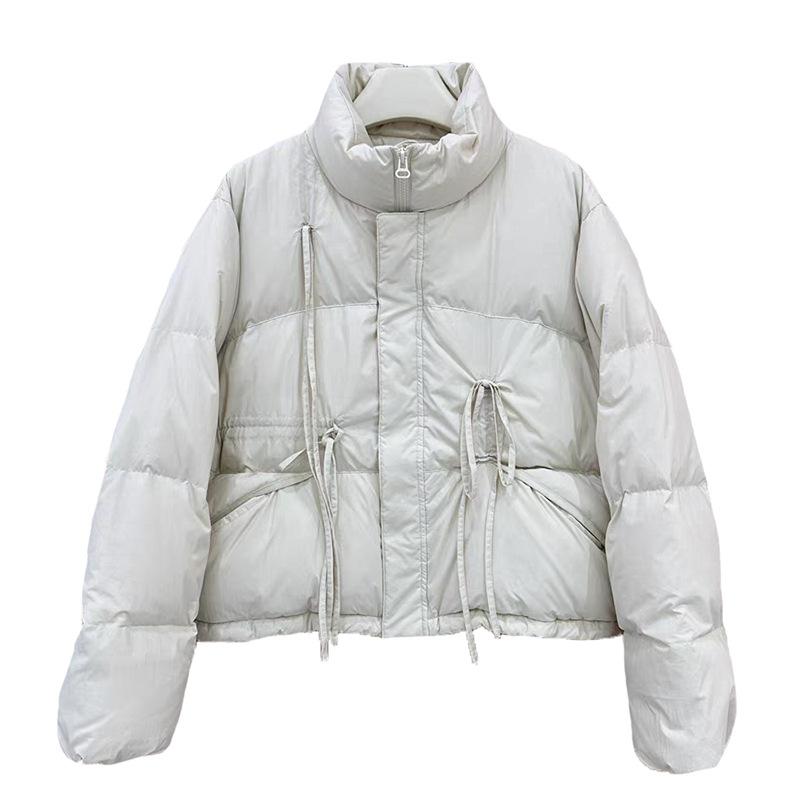 Sweet bow strap down jacket women's short 2024 new stand-up collar warm white duck down bread jacket trendy