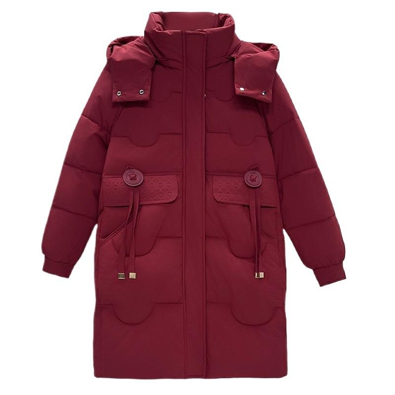 Middle-aged and elderly medium and long hooded cotton-padded clothes women's drawstring waist cotton clothes thickened warm jacket entity
