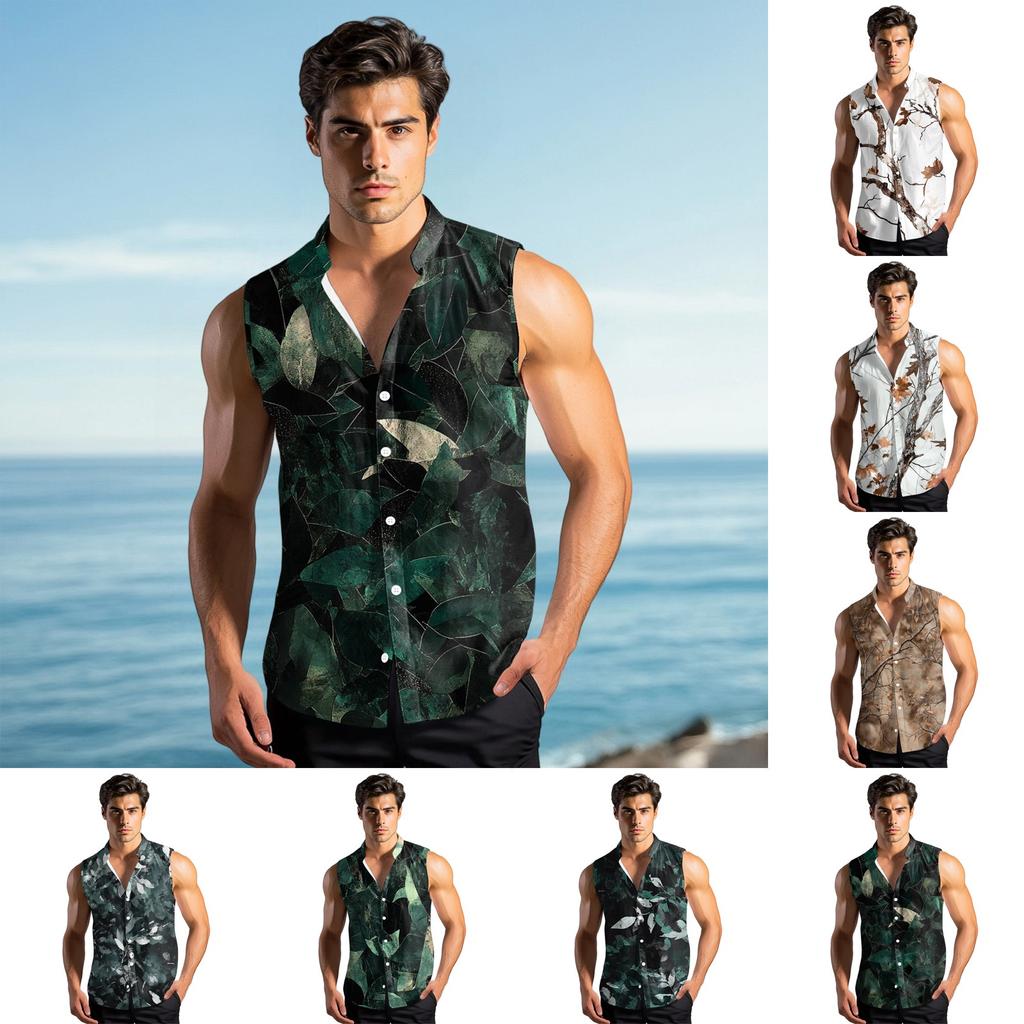 Men's Fashion Printed Sleeveless Lapel Button-Down Shirt Vest Top
