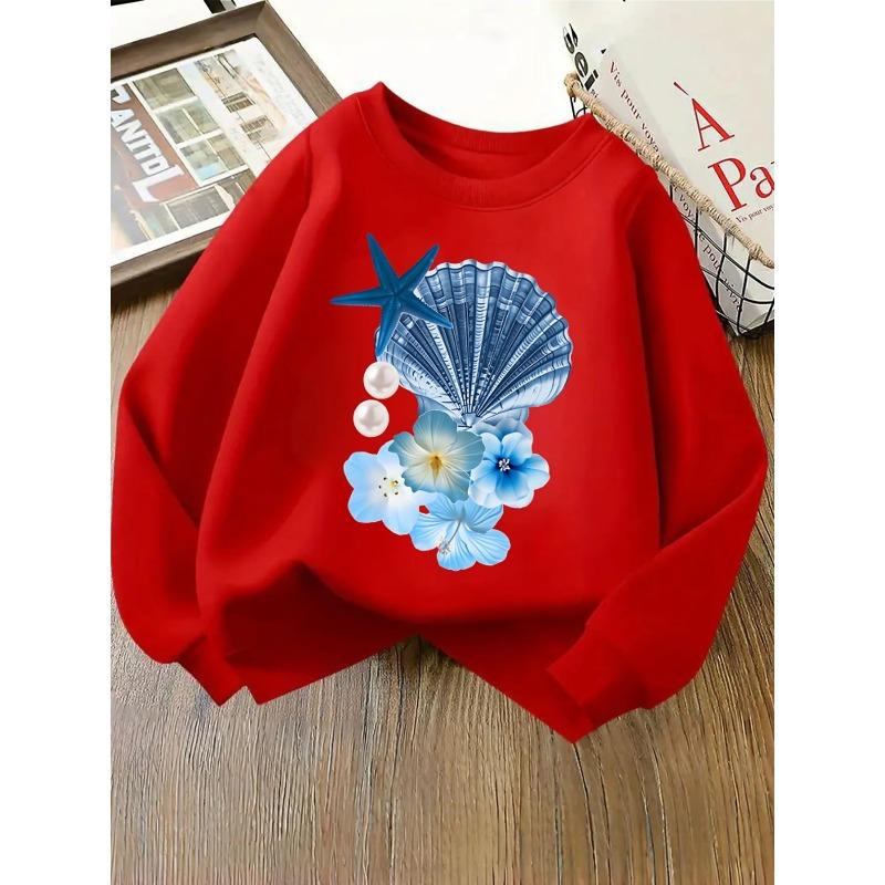 Girls' Crewneck Sweatshirt - Blue Starfish Shell Pearls Flowers Machine Washable, Spring And Autumn