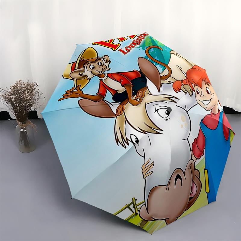 Ombrello da Viaggio a Tema Pippi Calzelunghe - 8 Stecche, Apertura e Chiusura Automatiche, Design Pieghevole Portatile, Ombrello Compatto ed Elegante Adatto