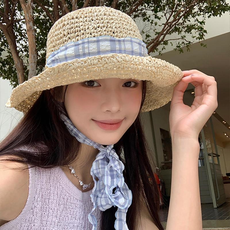Spring and summer girl atmosphere plaid lace-up woven straw hat sunscreen sunshade seaside vacation wind show face small brim