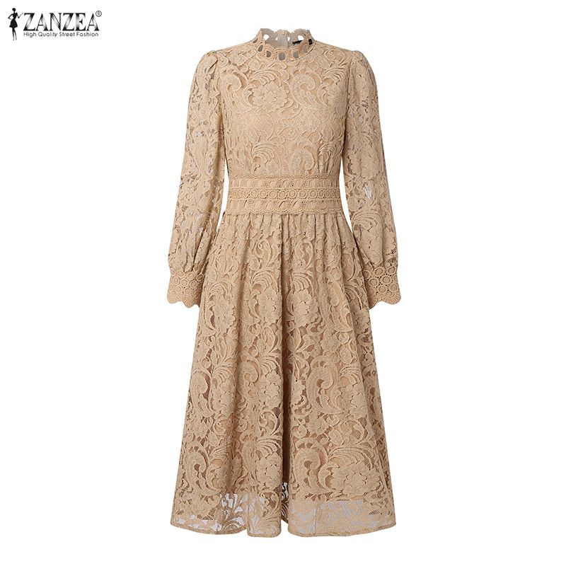 ZANZEA Women Casual Round Neck Long Sleeve Elegant Lace Crochet Patchwork Dress