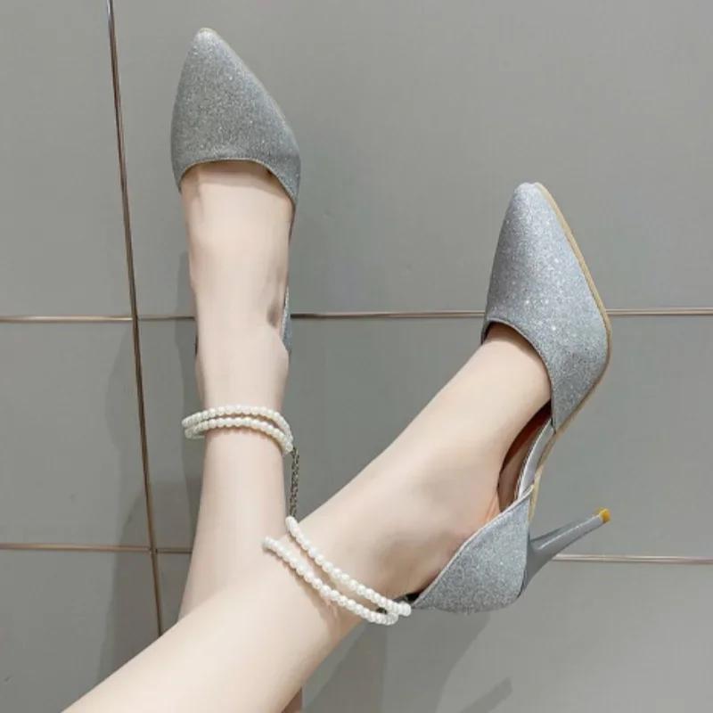 Fashion Women Cute Sweet Black Shining High Heel Shoes Lady Fashion Comfortable Slip On Silver High Heel Pumps Femmes Hauts Talons