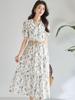 Spring/Summer Floral V-neck A-line Long Dress, 100% Cotton, Puff Sleeves, Women's Waist-cinching Design