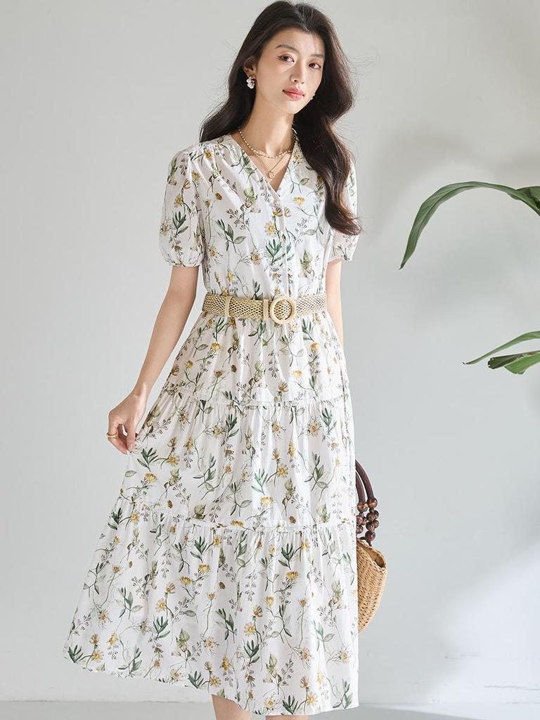 Spring/Summer Floral V-neck A-line Long Dress, 100% Cotton, Puff Sleeves, Women's Waist-cinching Design