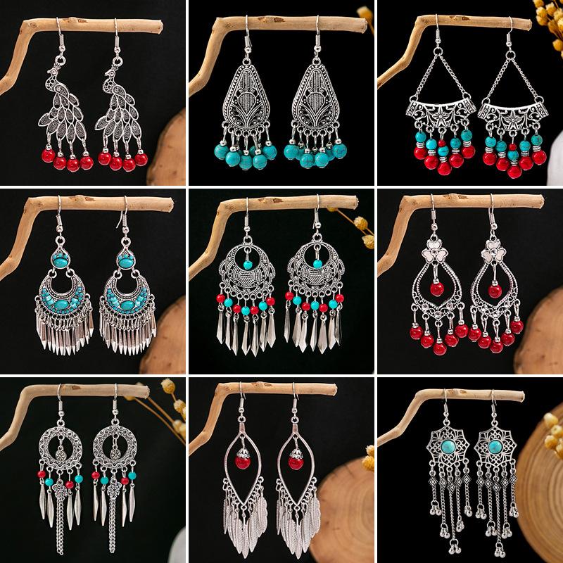 Ethnic Style Long Fringed Earrings, Bohemian Minority Blue Turquoise Tourist Attractions Earrings For Women