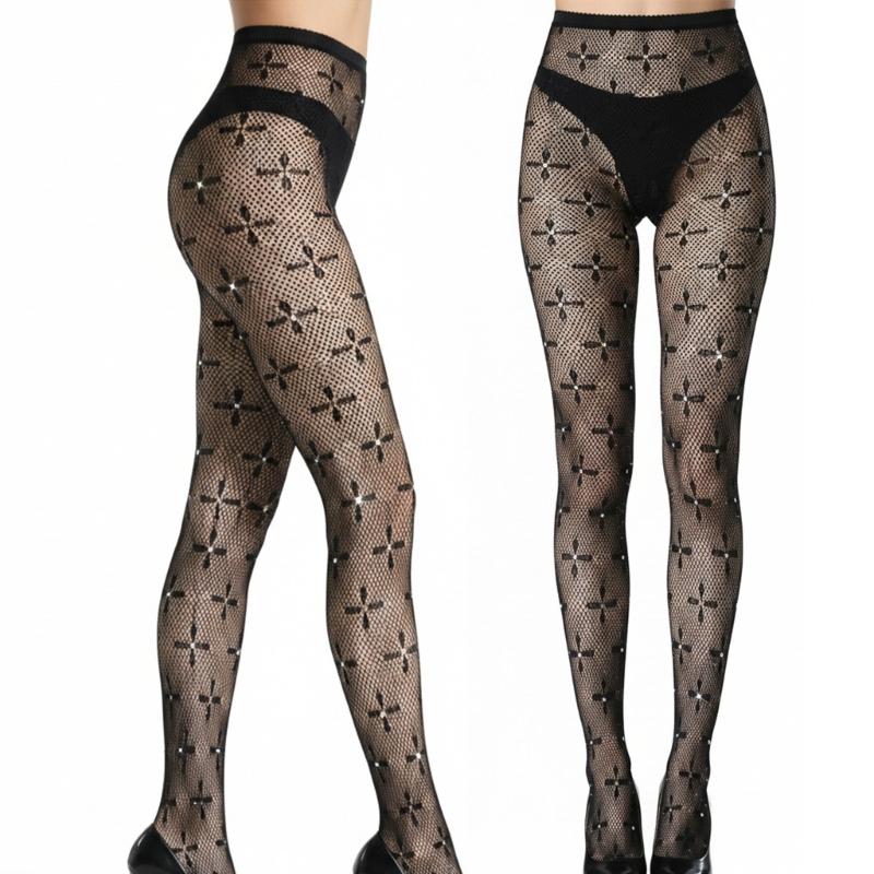 Breathable Nylon Fishnet Pantyhose For Women Four Leaf Pattern Rhinestones Accent High Waist Sheer Mesh Tights Stockings