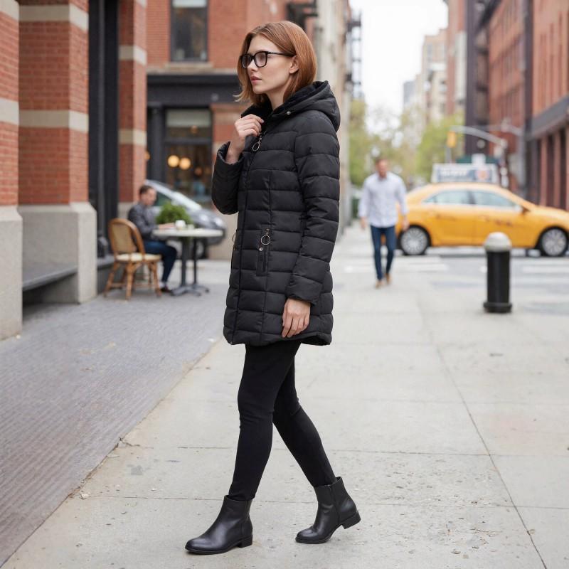 Womens Hooded Mid-Length Puffer Coat Slim Fit Warm Cotton Jacket Winter Streetwear