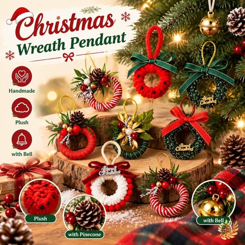 Plush Christmas Wreath Pendant with Bell Christmas Hanging Decoration Christmas Tree