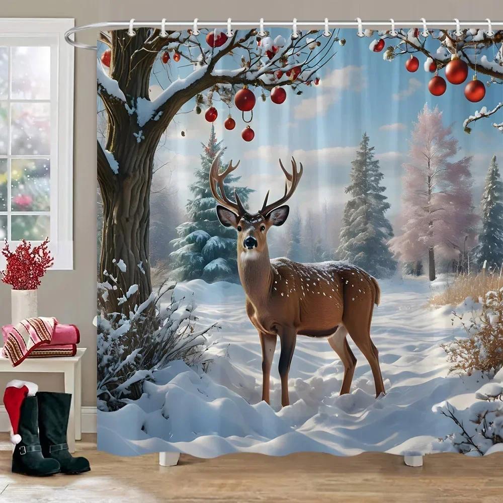 Christmas Snowman Shower Curtain Christmas Tree Winter Snow Christmas Gift Polyester Shower Curtains Bathroom Decor with Hooks