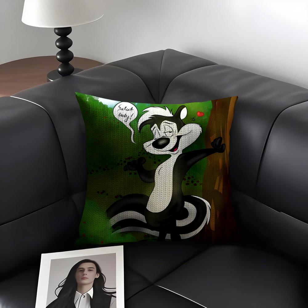 P-Pepe Lee Pew Cartoon Cushion Cover Natural Linen Organic Fabric Double-Sided Printing Sofa Home Decor Gift Pillow Case