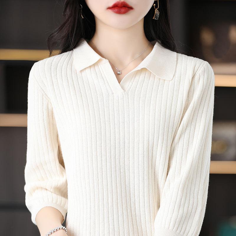 

Spring and Summer New Cotton Thread 7-quarter Sleeve POLO Collar Sweater Women Pullover Thread Pit Strip Fashion Base Shirt S