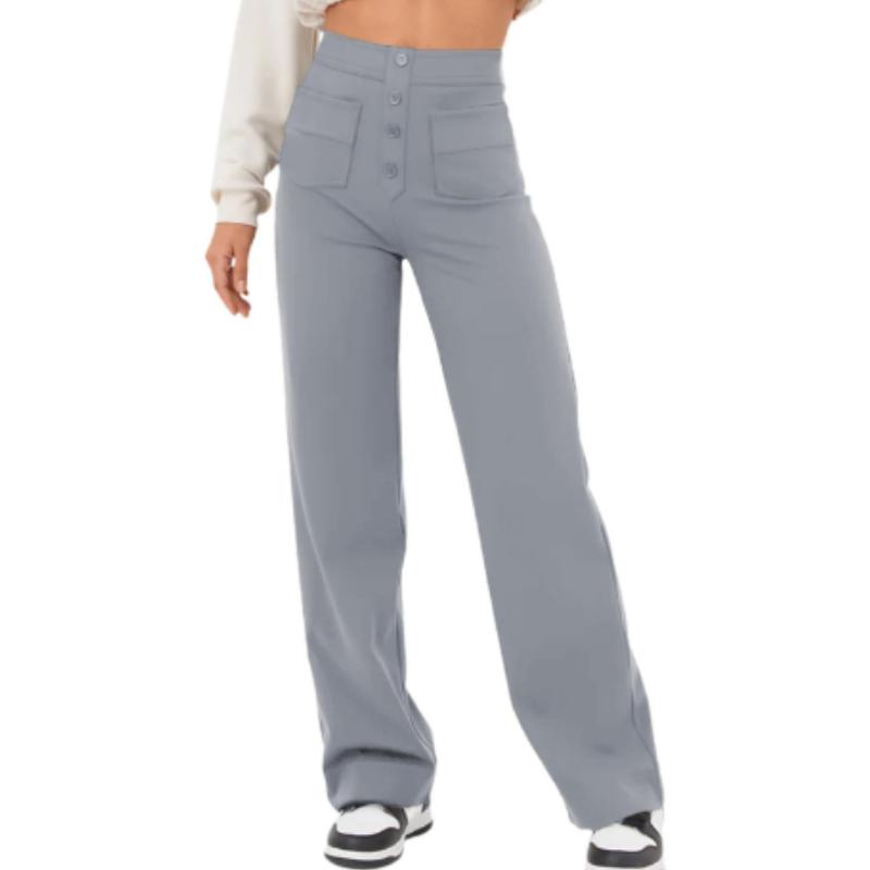 Pantaloni casual da donna alla moda a gamba dritta, pantaloni elasticizzati con bottoni a vita alta e tasche multiple