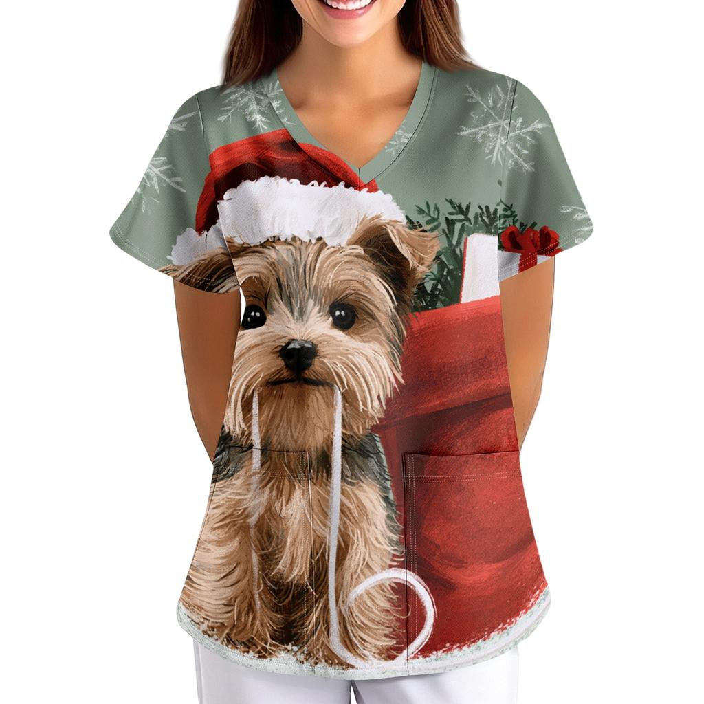Women's Christmas Print Loose Fit V-Neck Short Sleeve Scrub Top with Pockets for Work