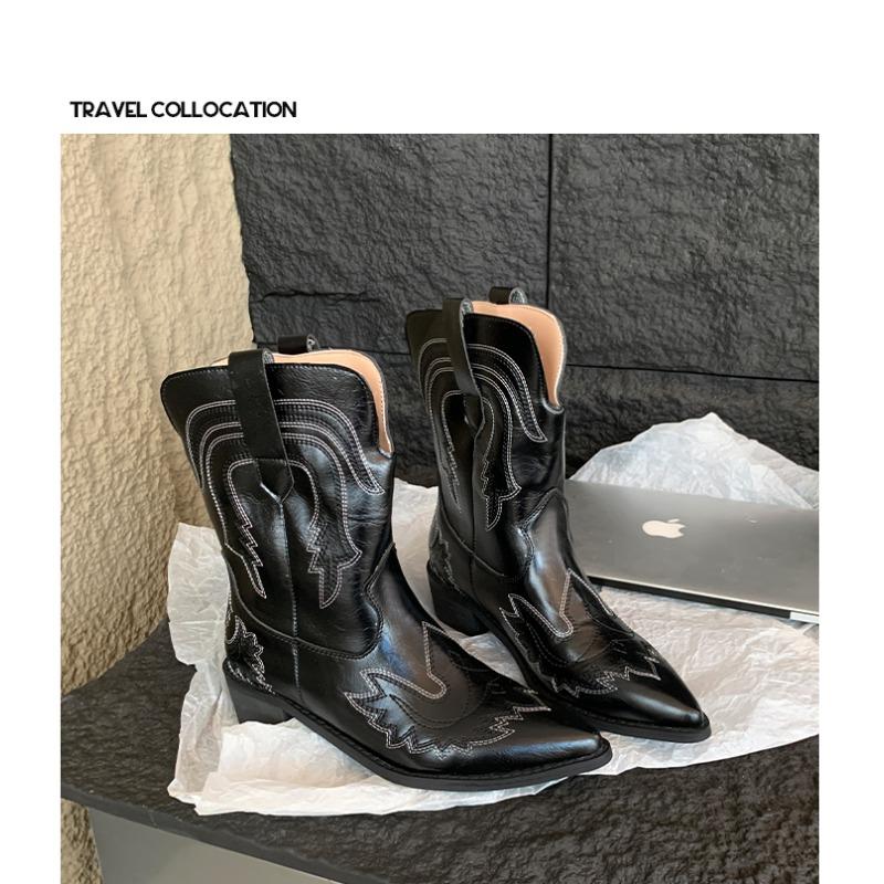 Fashion Retro Embroidered Western Cowboy Boots Women's Spring New Mid-Calf Knight Boot Pointed Toe Thick Heel Non-Knee High Shoes