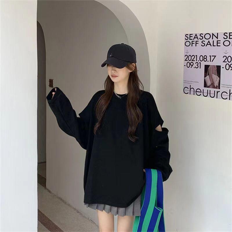 Women Clothing Hole Hollow Out Loose Trend T-Shirts Spring Autumn New Long Sleeve O-neck Plus Size Casual Tops Fashion Vintage
