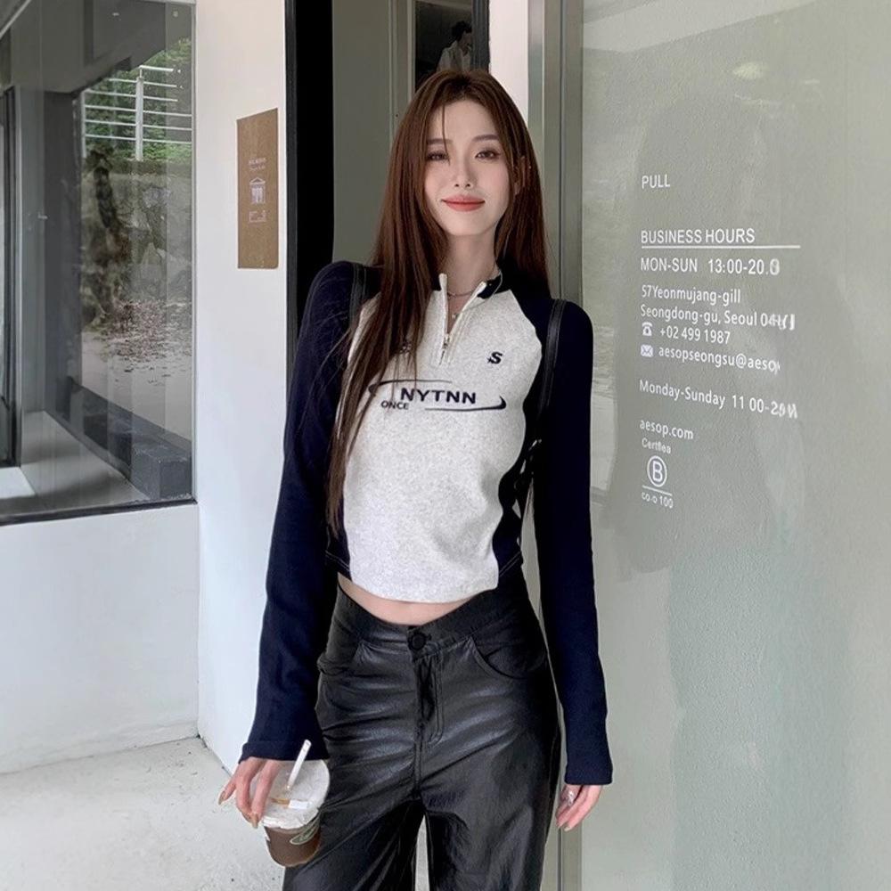 

American Style Letter Zipper Long Sleeve Women s Slimming Contrast Collar T-shirt 2XL [Recommended 120-135 lbs]