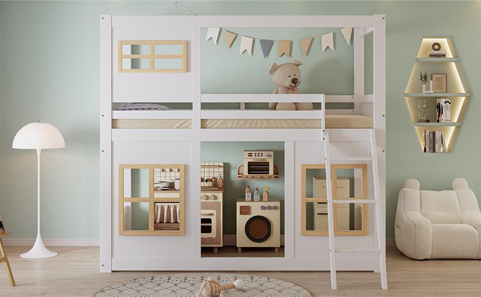Bunk Bed, Children's Bed, With Beautiful Windows, Sturdy Ladder, With Four-Sided Fencing, Pine + MDF + Plywood, White+Natural, 90x200cm