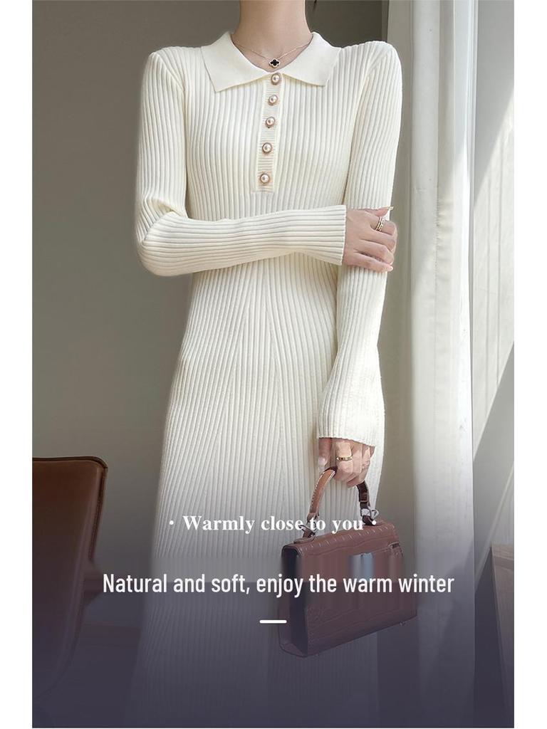 Women's Extra Long Slimming Knitted Polo Collar Dress for Autumn and Winter