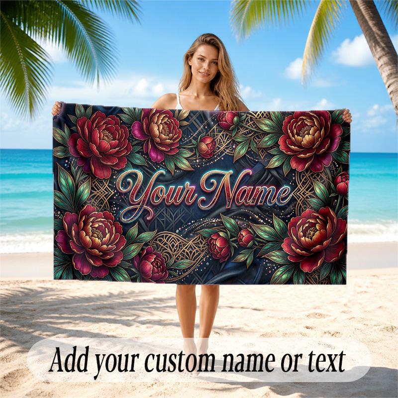 Floral Garden Theme Quick Dry Beach Towel Custom Name Text Print Large Sand Resistant Towel Beach Vacation