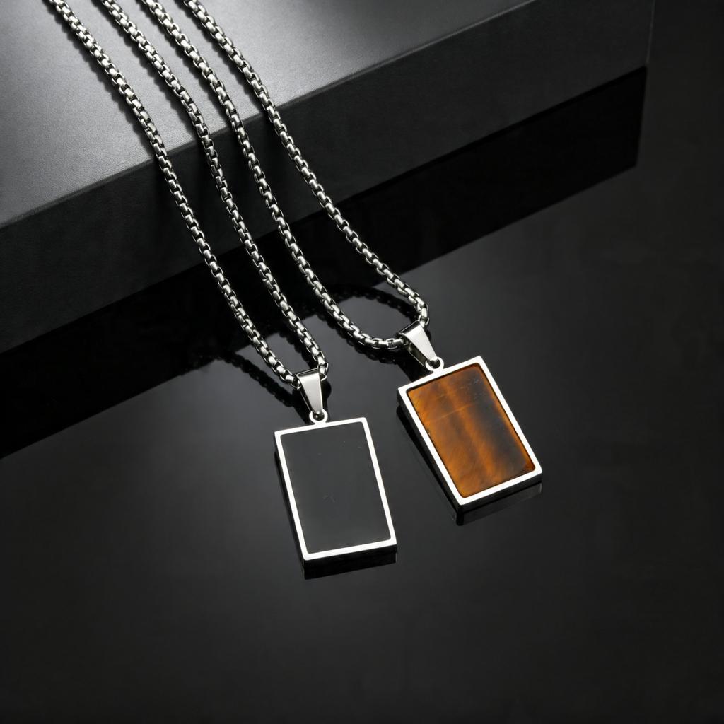 Men's Geometric Natural Stone Pendant Necklace, Vintage Square Tiger Eye Collar Necklace, Fashion Casual Jewelry for Men