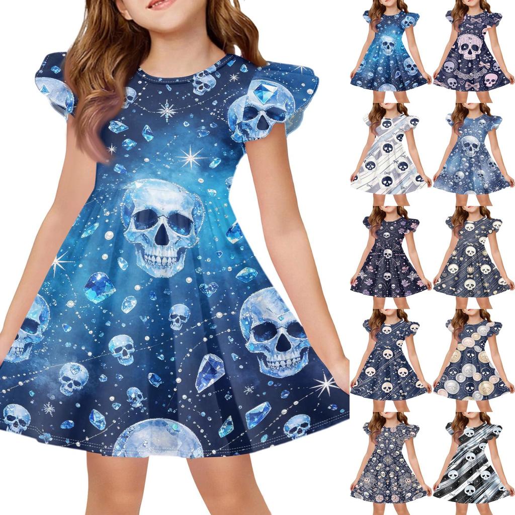Kids Halloween Printed Dress with Sleeve Casual Party Dress for Girls