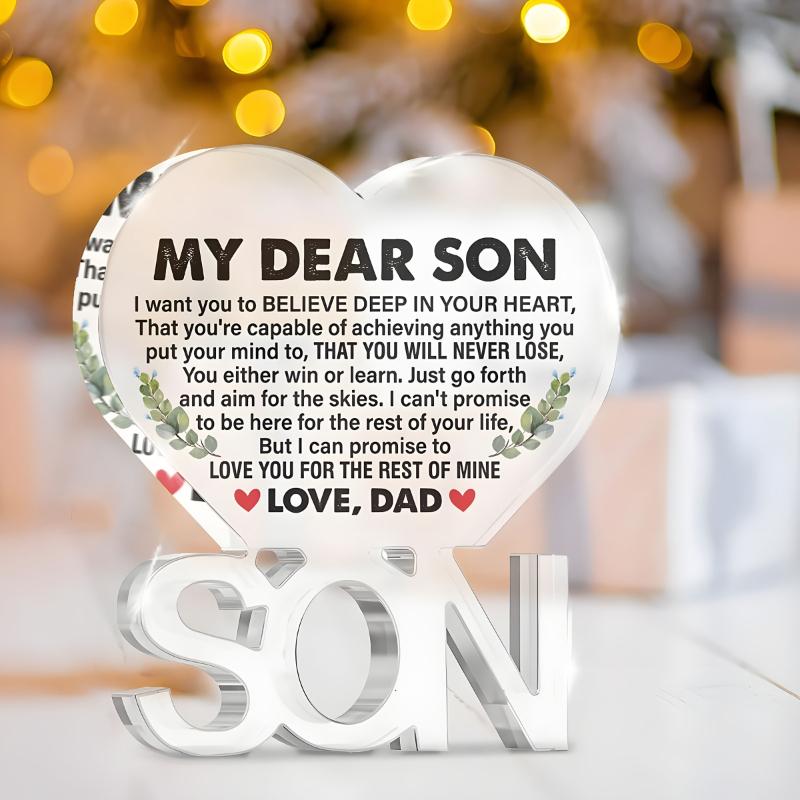  1pc Heart-Shaped Acrylic Plaque for Son From Dad - Engraved Inspirational Message, Contemporary Sentimental Gift for Christmas, Birthday, Graduation 