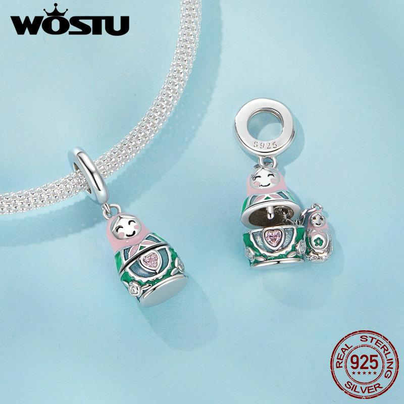 WOSTU 925 sterling silver Matryoshka Doll Charms mermaid Shell Pendant Perfume Bottle Angel Wing Beads Fit DIY Bracelet Necklace