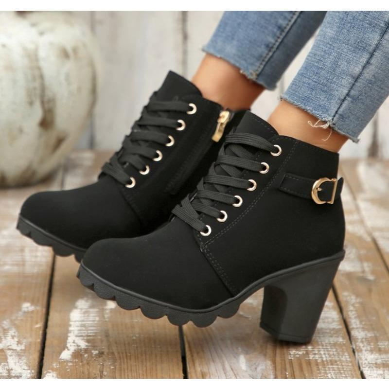 Nouvelles Bottes Mode Versatiles pour Femmes Printemps Hiver Lacets Mode Versatiles Chaussures Dames Confortables Bottes à Talons Hauts 39