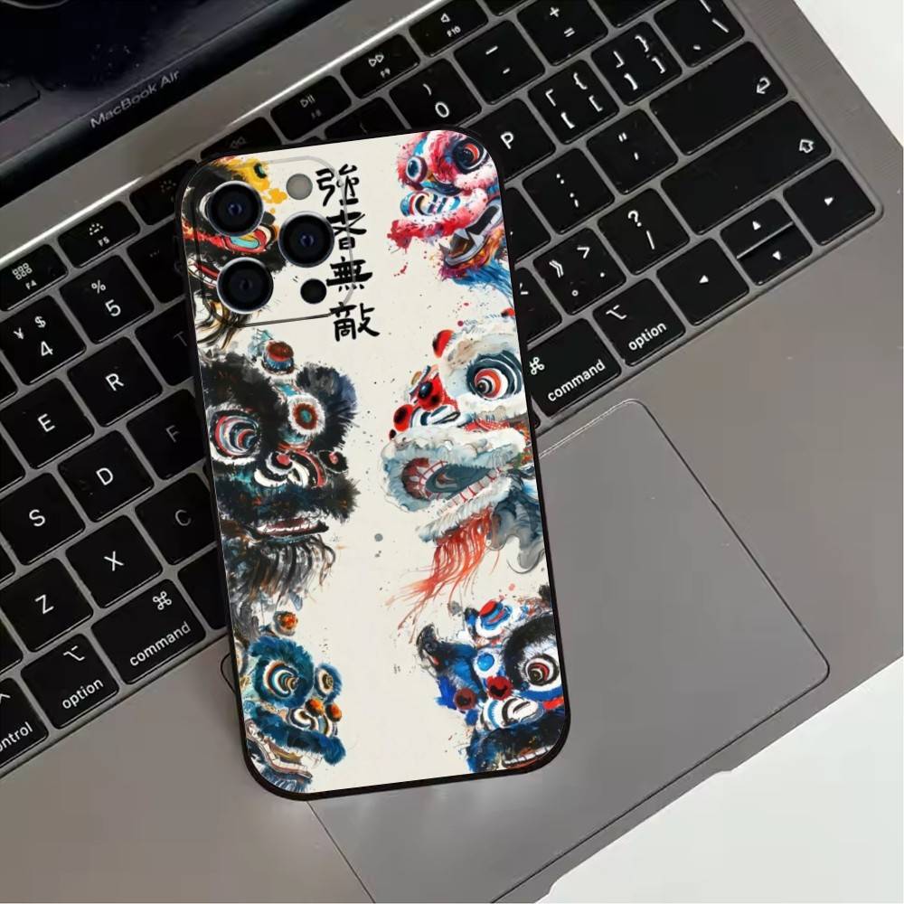 Chinese Lion Dance Phone Case For iPhone 17, 16,15,14,13,12,11 Plus,Pro Max, Others Soft Black Cover